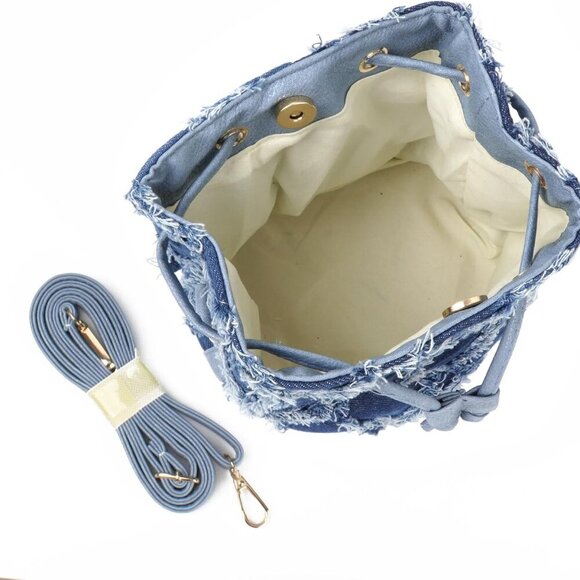 Women Denim Mini Bucket Bag Crossbody Drawstring Quilted Tassel Purse - Picture 2 of 6